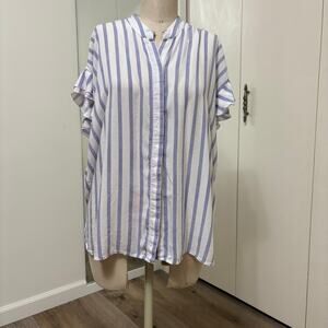 Grand & Greene White & Blue Striped Button Front Women's Blouse XL